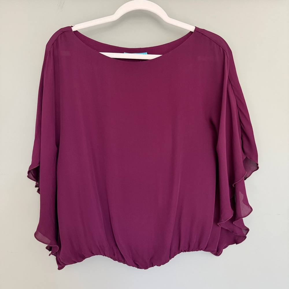 Alice + Olivia 100% Silk Plum Purple Flowy Flutter Sleeve Blouse Top Office